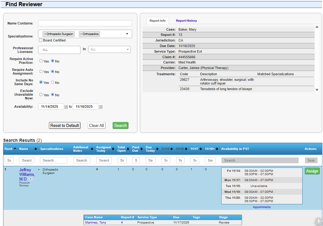 Automate and route reviews to nurse and physician reviewers by specialty, licensure, jurisdiction, availability, and workload.